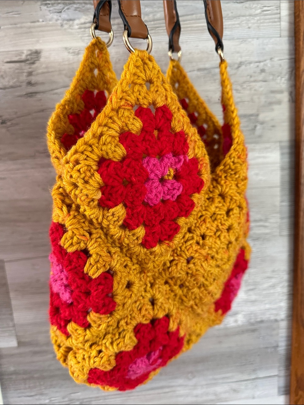 Handmade Mustard Crochet Shoulder Bag with Pink & Red Floral Squares - Picture 4 of 4